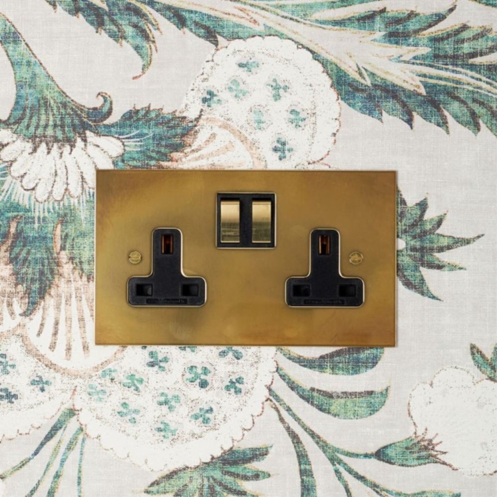 Twin Socket Aged Brass Metal Rocker Black Trim by Forbes and Lomax